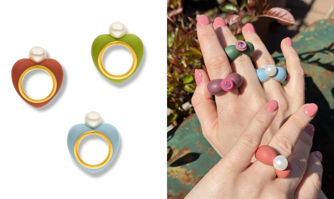 Heart Up Heart Ring in 935 Silver with 18k Gold Plating – AMALA Heart Up Heart Ring by AMALA in 935 silver with 18k gold plating and colored elements in green, terracotta and light blue