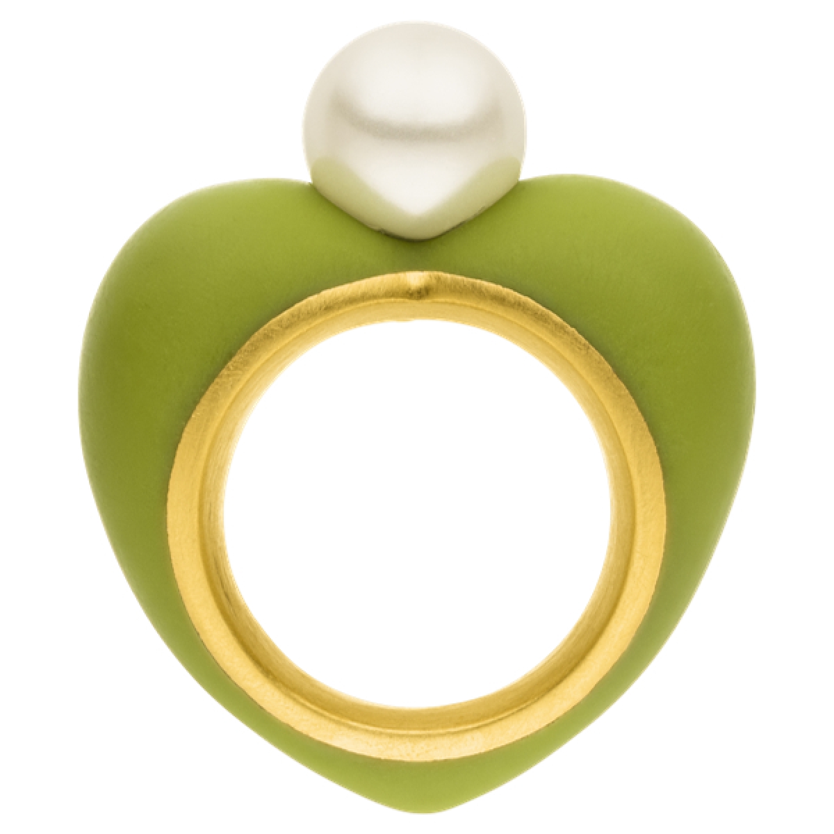 Heart ring made of 935 silver, 750 gold yellow-plated, with a colorful resin body and a radiant white freshwater pearl – a modern design classic by AMALA. Heart ring made of 935 silver, 750 gold yellow-plated, with a colorful resin body and a radiant white freshwater pearl – a modern design classic by AMALA.