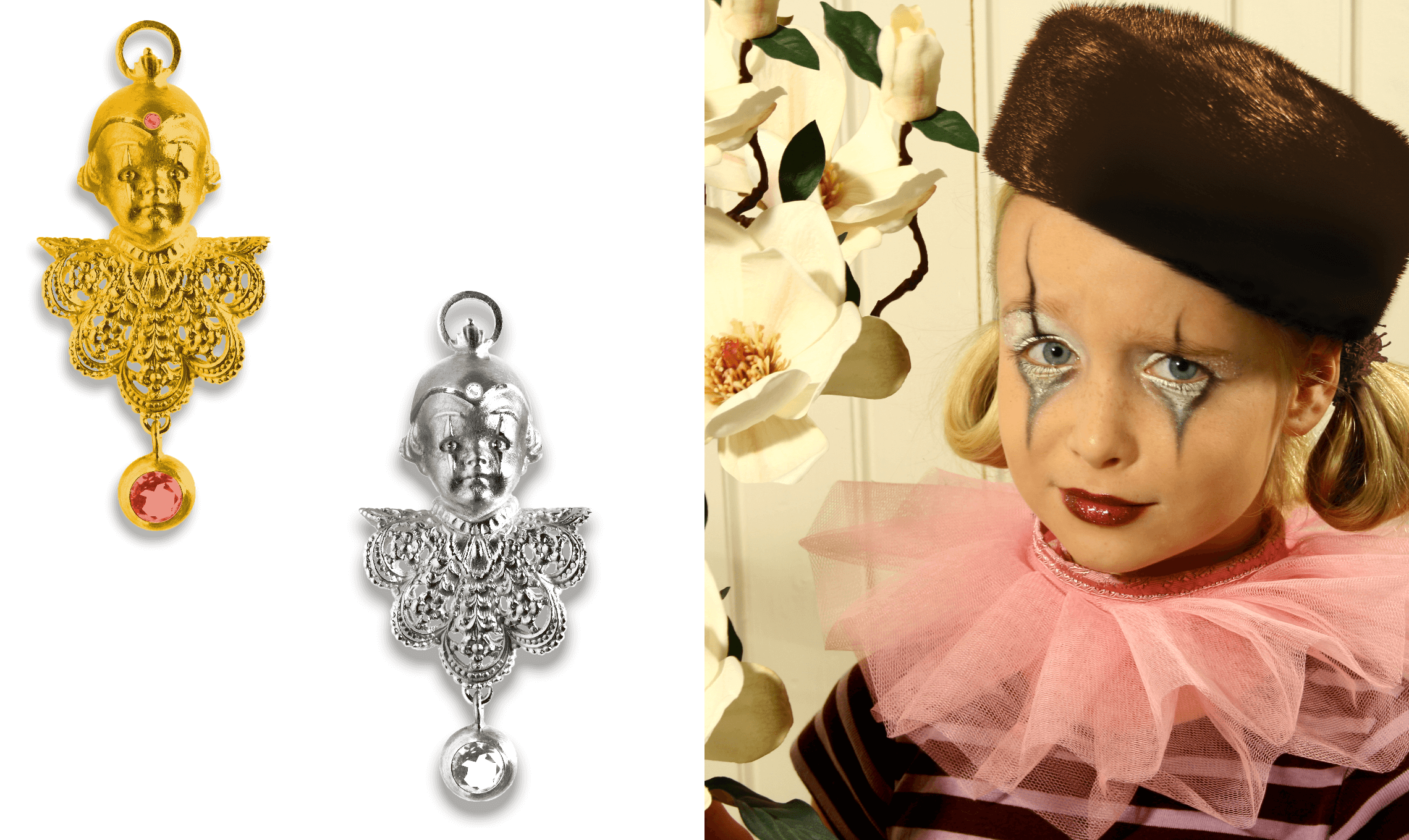 Zwei Pierrot-Anhänger in Gold und Silber neben einer künstlerischen Porträtaufnahme eines geschminkten Kindes.