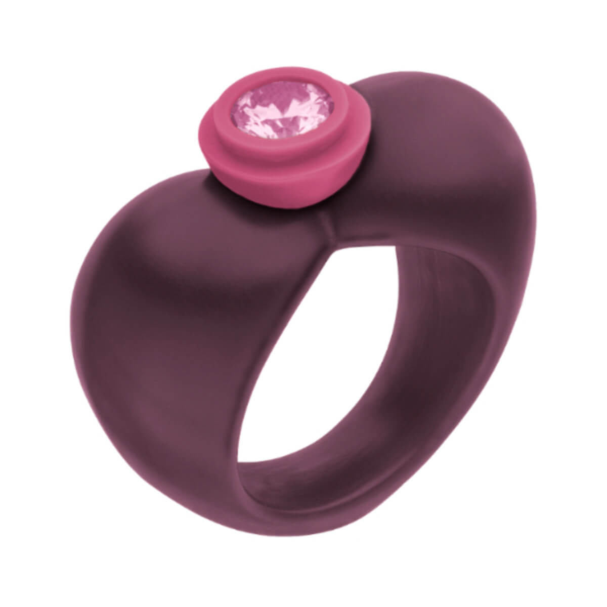 Herzförmiger Ring aus violettem Kunstharz mit eingefasstem Zirkonia – Modell AMALA Heart Up.