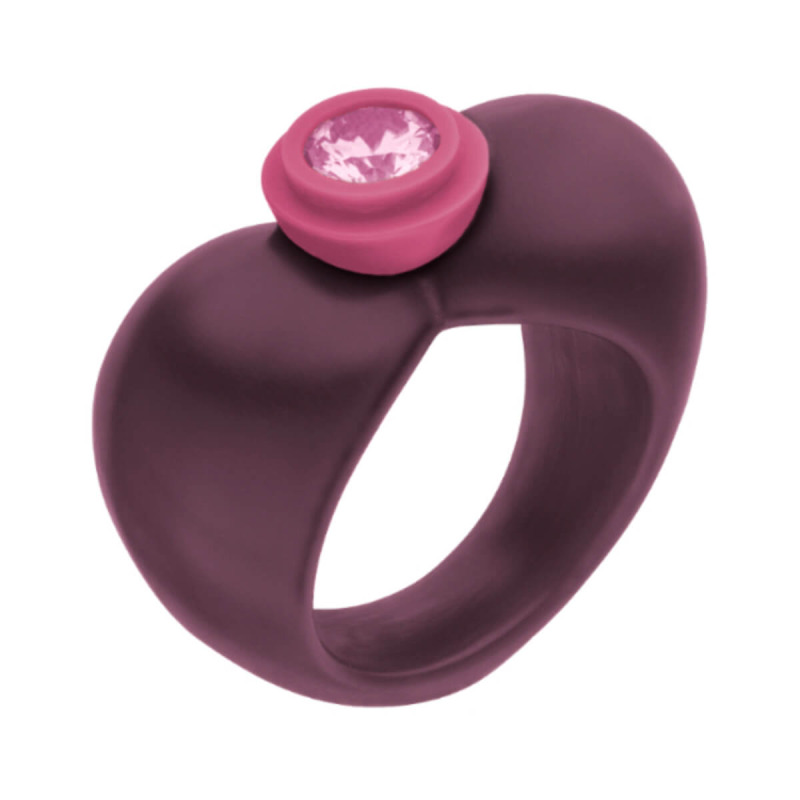 Herzförmiger Ring aus violettem Kunstharz mit eingefasstem Zirkonia – Modell AMALA Heart Up.