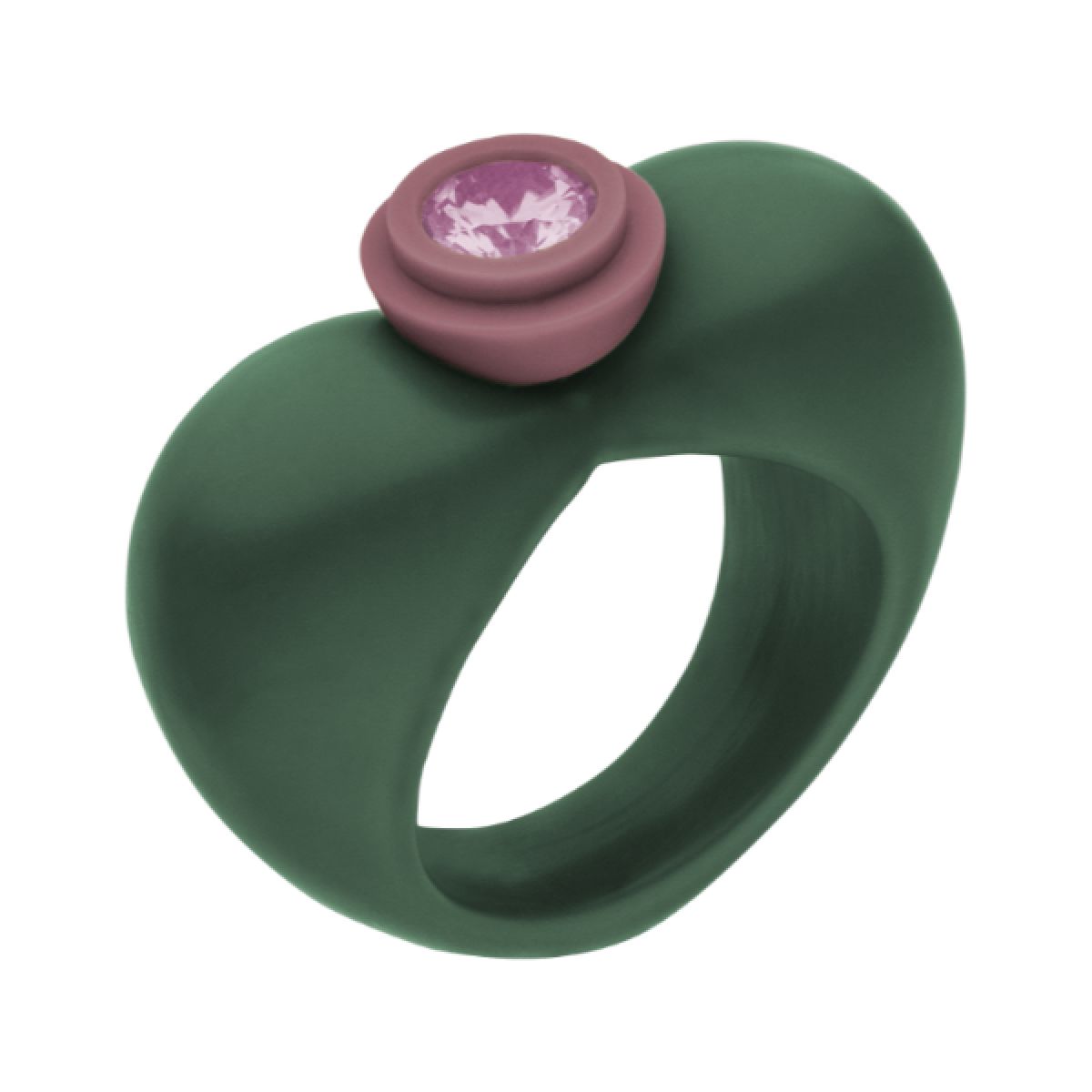 Herzförmiger Ring aus grünem Kunstharz mit eingefasstem Zirkonia-Stein, Modell AMALA Heart Up.