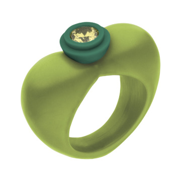 Herzförmiger Ring aus grünem Kunstharz mit eingefasstem Zirkonia-Stein, Modell AMALA Heart Up.